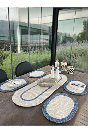 Doğal İp - Leke Tutmaz 6’lı Masa Takımı | 4 Amerikan Servis, 1 Runner, 1 Sepet - Şık Sofra Seti