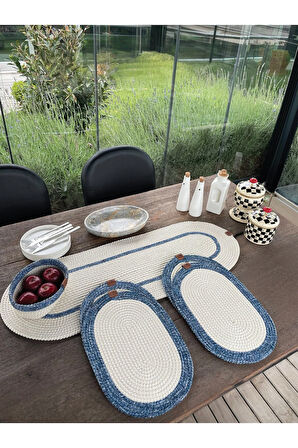 Doğal İp - Leke Tutmaz 6’lı Masa Takımı | 4 Amerikan Servis, 1 Runner, 1 Sepet - Şık Sofra Seti