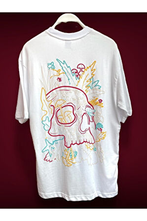 Colours in our life slogan Detaylı Skull Nakış Baskılı Oversize T-Shirt