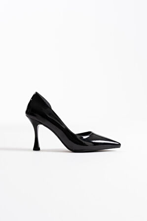 Angela Premium Kadın Siyah Rugan Topuklu Ayakkabı