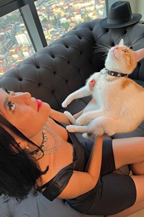 Çivili ve Zincir Detaylı Anne - Kedi Choker Takım