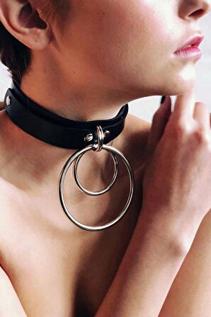 Büyük Ve Küçük Halka Detaylı Ayarlı Şık Deri Choker