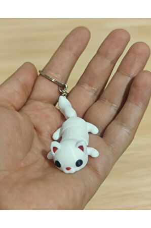 Sevimli Beyaz Yavru Kedi 3D Baskı Anahtarlık - Hareketli Eklemler!