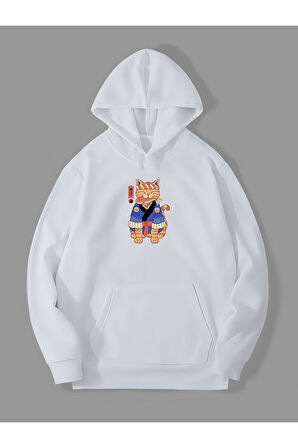 3 İplik Anime Kedi Baskılı Beyaz Kanguru Cepli Kapüşonlu Sweatshirt Hoodie | L