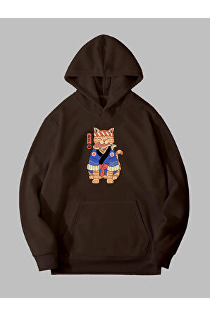 Üç İplik Anime Kedi Baskılı Unisex Sweatshirt Hoodie | M