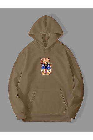 Üç İplik Anime Kedi Baskılı Unisex Kemik Kanguru Cepli Kapüşonlu Sweatshirt Hoodie | M