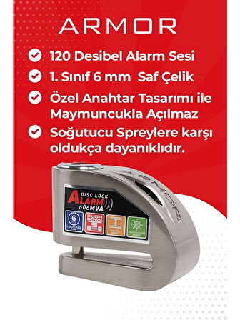 Armor 606MVA 6 Mm 120 Uyumlu Desibel Motosiklet Alarmlı Disk Kilidi Kesilmez Çelik