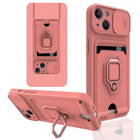 Apple iPhone 13 Kılıf Zuma Kartvizitli Yüzüklü Boyun Askılı Silikon Kapak + Ekran Koruma