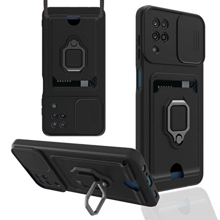 Samsung Galaxy A12 Kılıf Zuma Kartvizitli Yüzüklü Boyun Askılı Silikon Kapak + Ekran Koruma