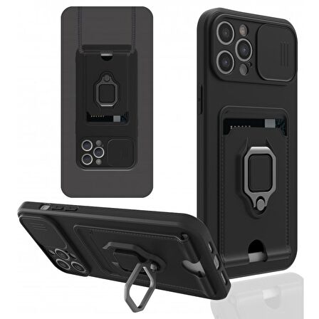 Apple iPhone 12 Pro Kılıf Zuma Kartvizitli Yüzüklü Boyun Askılı Silikon Kapak + Ekran Koruma