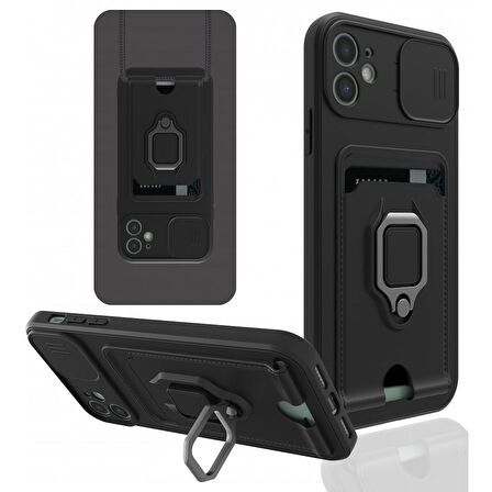Apple iPhone 11 Kılıf Zuma Kartvizitli Yüzüklü Boyun Askılı Silikon Kapak + Ekran Koruma