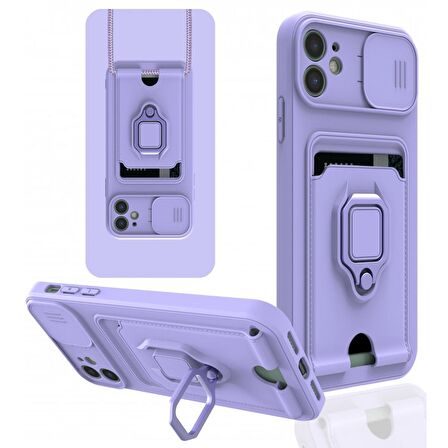 Apple iPhone 11 Kılıf Zuma Kartvizitli Yüzüklü Boyun Askılı Silikon Kapak + Ekran Koruma