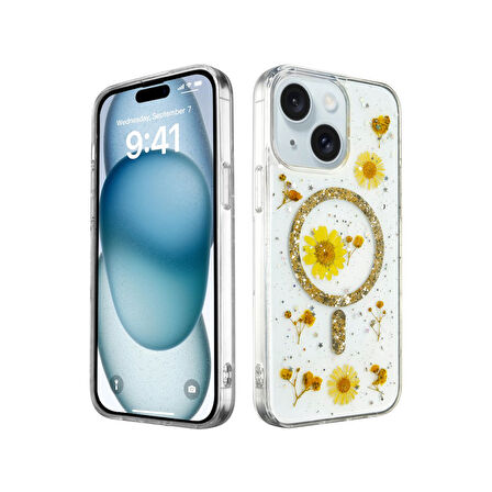 Apple iPhone 15 Uyumlu Kılıf Daisy Simli Magsafe Silikon Kapak
