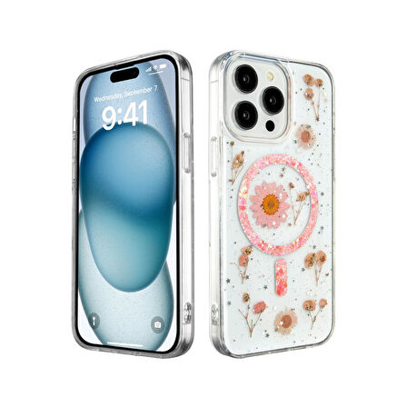 Apple iPhone 15 Pro Uyumlu Kılıf Daisy Simli Magsafe Silikon Kapak