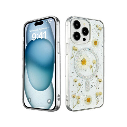 Apple iPhone 14 Pro Max Uyumlu Kılıf Daisy Simli Magsafe Silikon Kapak