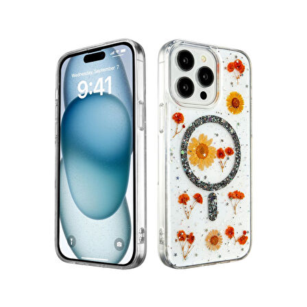 Apple iPhone 15 Pro Max Uyumlu Kılıf Daisy Simli Magsafe Silikon Kapak