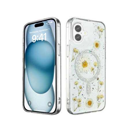 Apple iPhone 16 Uyumlu Kılıf Daisy Simli Magsafe Silikon Kapak