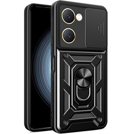 Vivo Y18 Kılıf Pars Lens Yüzüklü Silikon Magnetik Standlı Kamera Korumalı Kapak