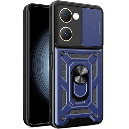 Vivo Y18 Kılıf Pars Lens Yüzüklü Silikon Magnetik Standlı Kamera Korumalı Kapak