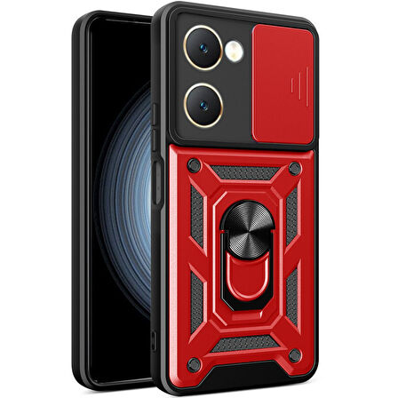Vivo Y18 Kılıf Pars Lens Yüzüklü Silikon Magnetik Standlı Kamera Korumalı Kapak