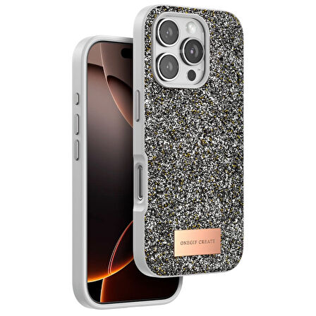 Apple İphone 16 Pro Kılıf Bright Zarif Boncuk İşlemeli Tasarım Simli Kapak