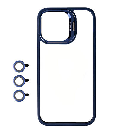 Apple iPhone 15 Pro Max Kılıf Kamera Lens Korumalı Standlı Klon Lensli Kapak