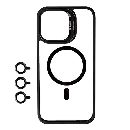 Apple iPhone 15 Pro Max Kılıf Magsafe Wireless Şarj Özellikli Standlı Magsafe Klon Lensli Kapak