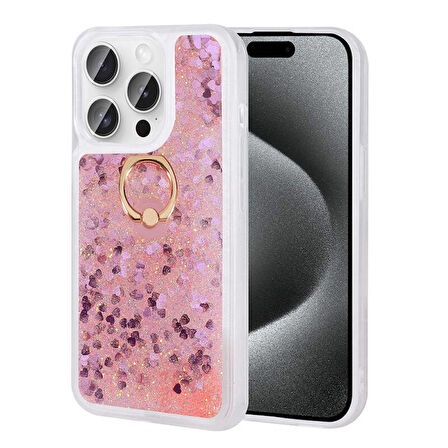 Apple iPhone 15 Pro Kılıf Milce Simli Sıvılı Yüzüklü Standlı Silikon Kapak