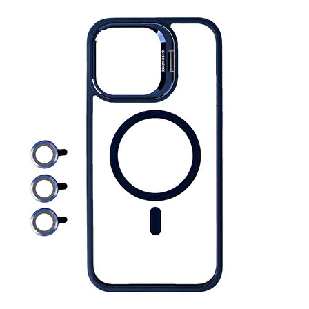 Apple iPhone 15 Pro Kılıf Magsafe Wireless Şarj Özellikli Standlı Magsafe Klon Lensli Kapak