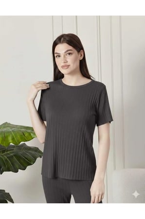 kadın %100 pamuklu fitilli pijama takımı - kısa kollu ribanalı yumuşak dokulu loungewear