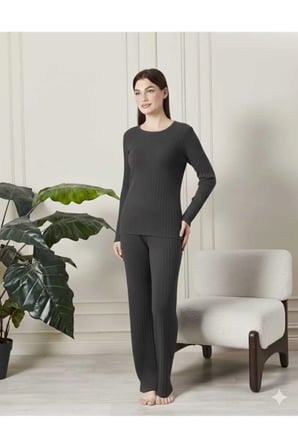 kadın %100 pamuklu fitilli pijama takımı - uzun kollu ribanalı yumuşak dokulu loungewear