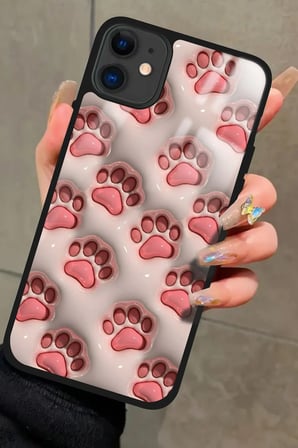 Apple iPhone 11 Uyumlu Pembe Kedi Patisi Tasarımlı Parlak Silikon Kılıf