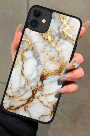 Apple iPhone 11 Uyumlu Beyaz&Altın Mermer Tasarımlı Parlak Silikon Kılıf