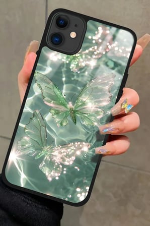 Apple iPhone 11 Uyumlu Yeşil Kelebek Tasarımlı Parlak Silikon Kılıf