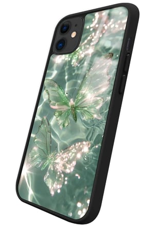 Apple iPhone 11 Uyumlu Yeşil Kelebek Tasarımlı Parlak Silikon Kılıf