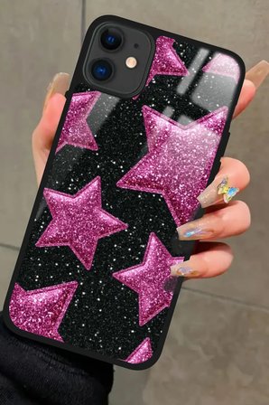 Apple iPhone 11 Uyumlu Pembe Yıldız Tasarımlı Parlak Silikon Kılıf