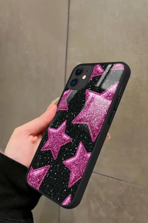 Apple iPhone 11 Uyumlu Pembe Yıldız Tasarımlı Parlak Silikon Kılıf