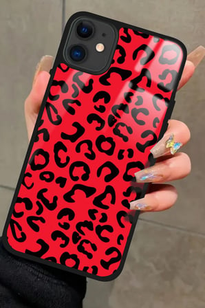 Apple iPhone 12 Uyumlu Kırmızı Leopar Tasarımlı Parlak Silikon Kılıf
