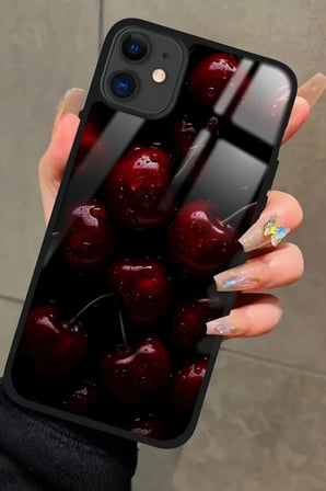 Apple iPhone 12 Uyumlu Kiraz Tasarımlı Parlak Silikon Kılıf