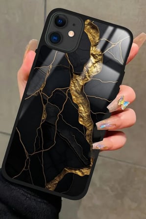 Apple iPhone 12 Uyumlu Siyah Mermer Tasarımlı Parlak Silikon Kılıf