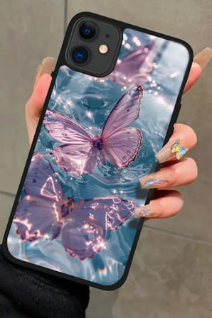 Apple iPhone 12 Uyumlu Pembe Kelebek Tasarımlı Parlak Silikon Kılıf
