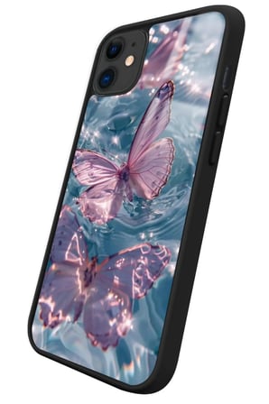 Apple iPhone 12 Uyumlu Pembe Kelebek Tasarımlı Parlak Silikon Kılıf