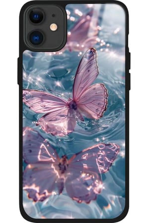 Apple iPhone 12 Uyumlu Pembe Kelebek Tasarımlı Parlak Silikon Kılıf