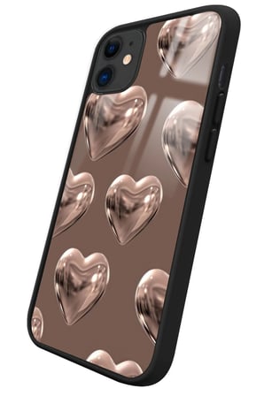 Apple iPhone 12 Uyumlu Kahverengi Kalp Tasarımlı Parlak Silikon Kılıf