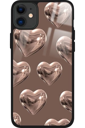 Apple iPhone 12 Uyumlu Kahverengi Kalp Tasarımlı Parlak Silikon Kılıf