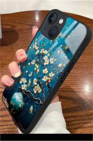 Apple iPhone 13 Uyumlu Van Gogh Mavi Ağaç Tablo Tasarımlı Parlak Silikon Kılıf