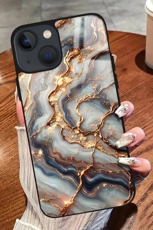 Apple iPhone 13 Uyumlu Beyaz&Altın Mermer Tasarımlı Parlak Silikon Kılıf