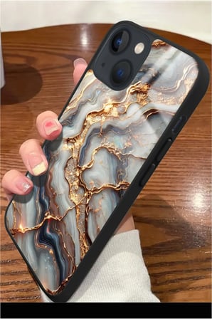 Apple iPhone 13 Uyumlu Beyaz&Altın Mermer Tasarımlı Parlak Silikon Kılıf