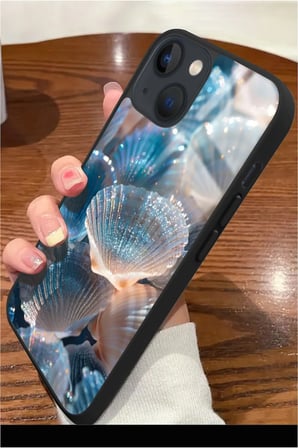 Apple iPhone 13 Uyumlu Simli Deniz Kabuk Tasarımlı Parlak Silikon Kılıf