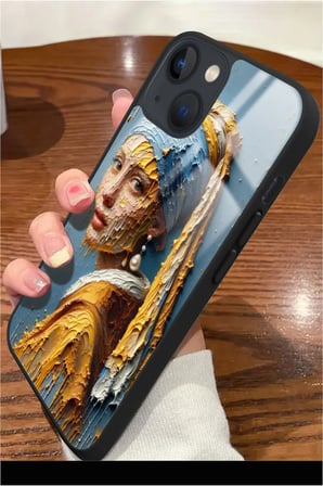 Apple iPhone 13 Uyumlu İnci Küpeli Kız Tablo Tasarımlı Parlak Silikon Kılıf